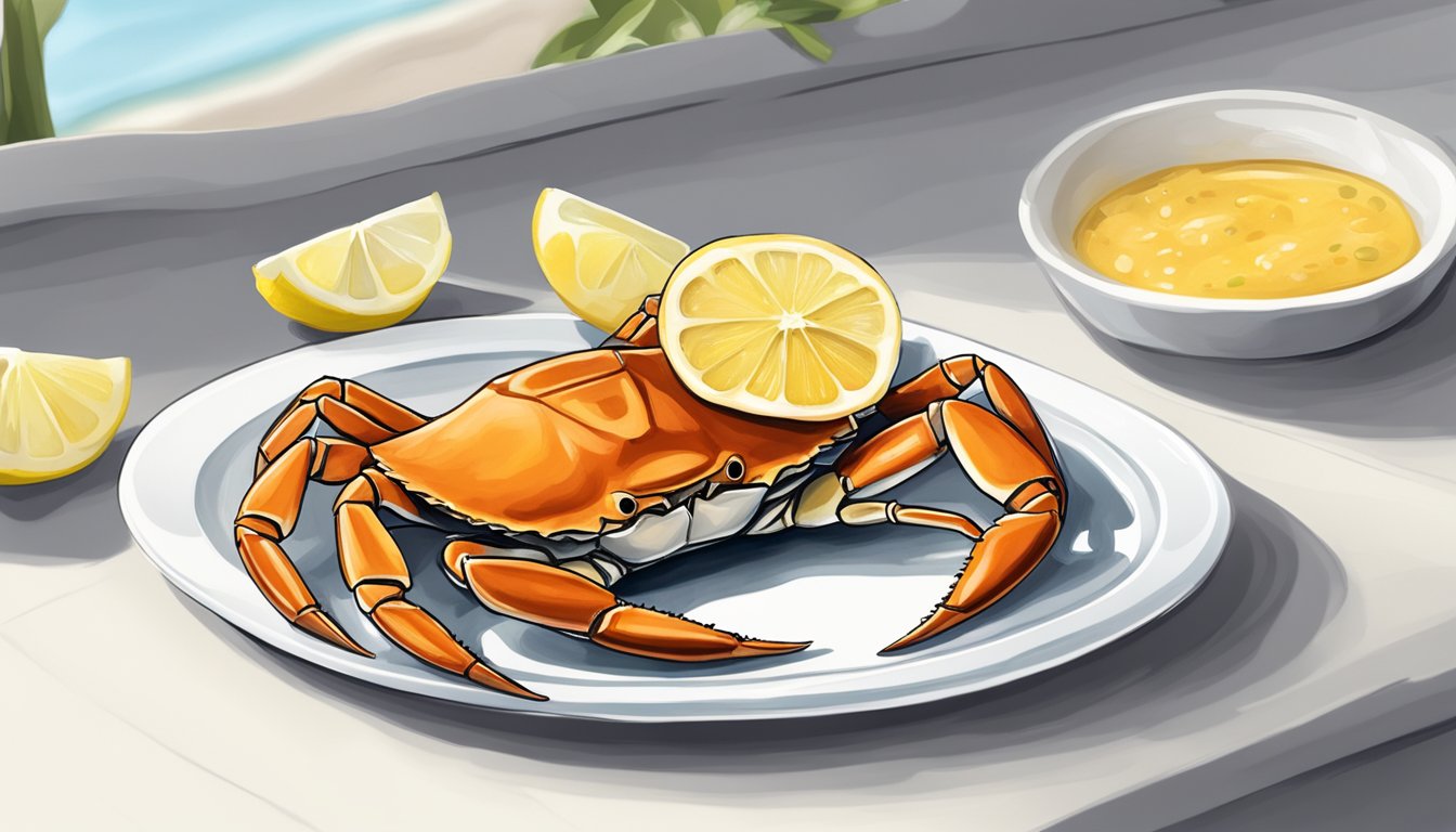 A crab placed on a clean, white plate with a lemon wedge and a small dish of dipping sauce beside it