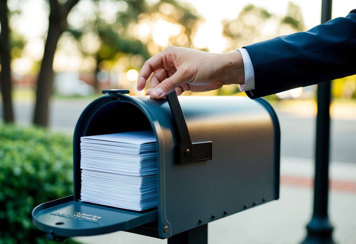 A hand placing a stack of wedding invitations into a mailbox