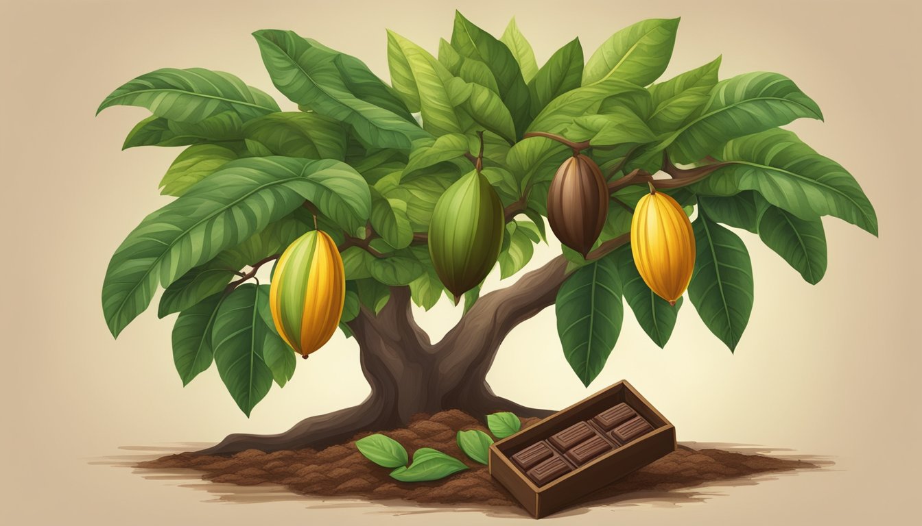 A lush cacao tree surrounded by vibrant green leaves, with ripe pods hanging from the branches. A small wooden crate filled with carefully selected raw chocolate products sits nearby