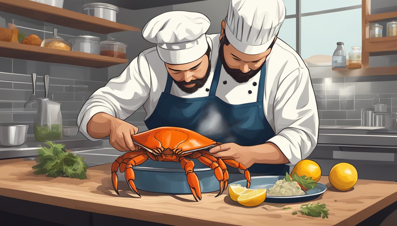 A chef carefully cleans and prepares a live crab, ensuring safe handling for raw consumption