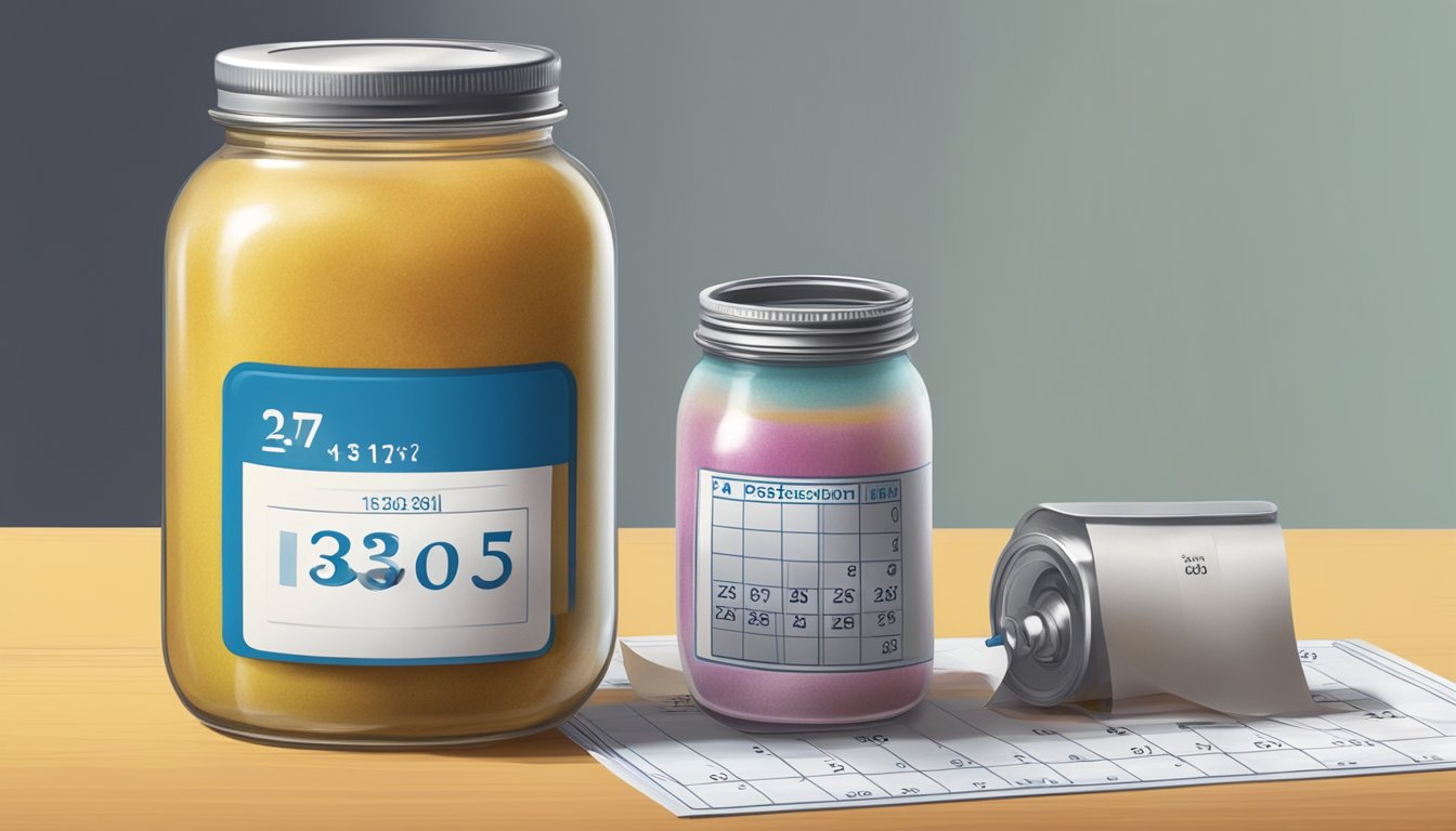 A jar of expired gelatin sits next to a calendar, with the date clearly marked as past the expiration date. An uncertain hand hovers nearby, questioning its safety