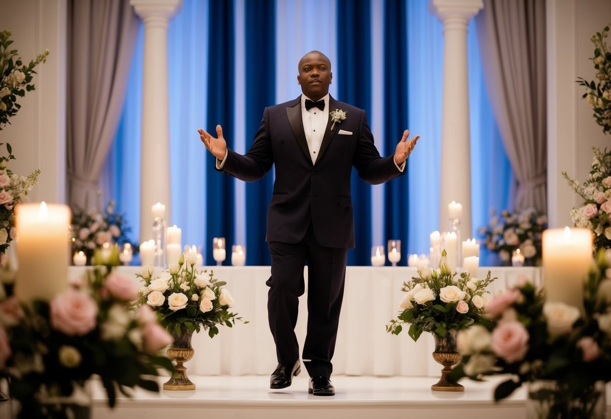A figure in formal attire steps forward, commanding attention with a clear and confident voice. The setting is elegant and romantic, with flowers and candles adorning the space