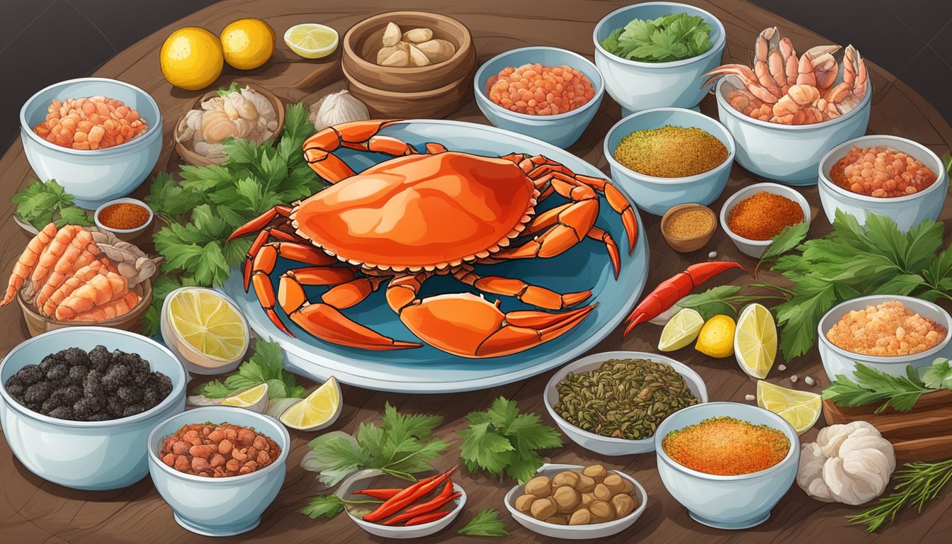 A table set with a variety of fresh seafood, including raw crab, surrounded by colorful spices and herbs