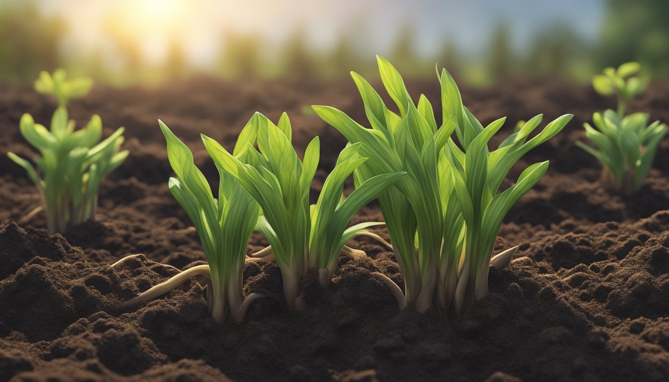 A close-up of crosnes growing in rich, dark soil, with their delicate, tuberous roots intertwined and their green, leafy stems reaching towards the sunlight