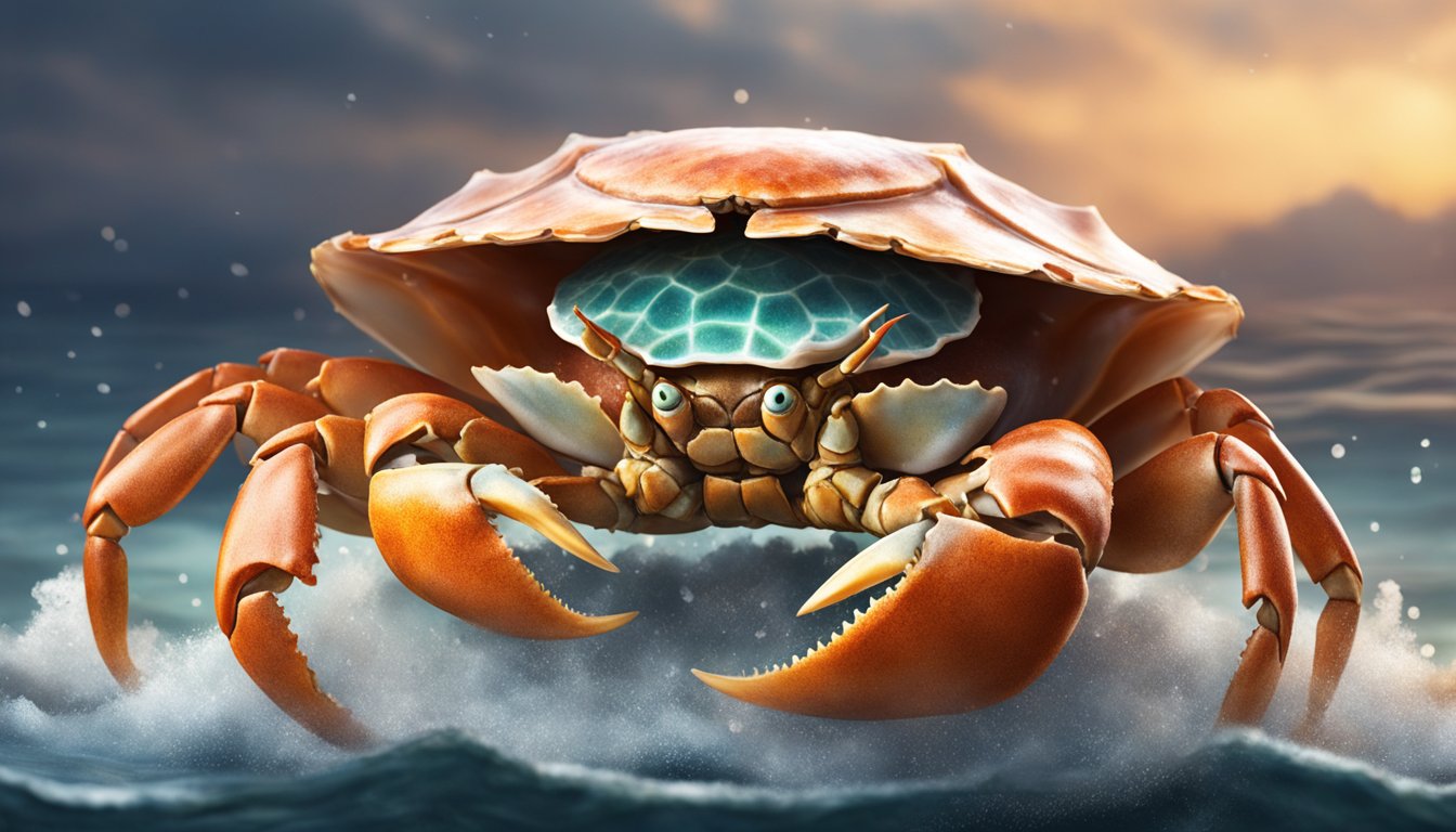 A crab shell cracked open, steaming, with succulent meat inside. The aroma of the ocean fills the air