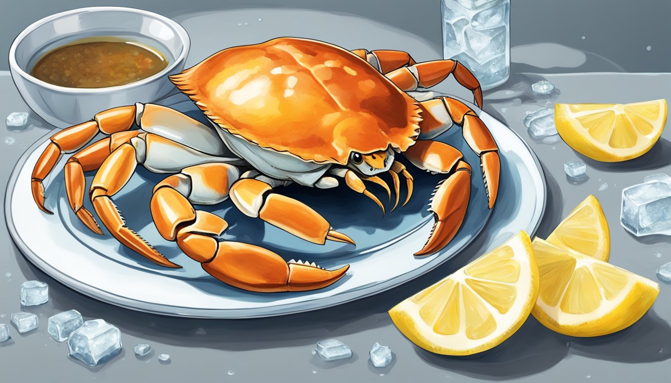 A crab on a plate surrounded by ice, lemon wedges, and a small dish of dipping sauce