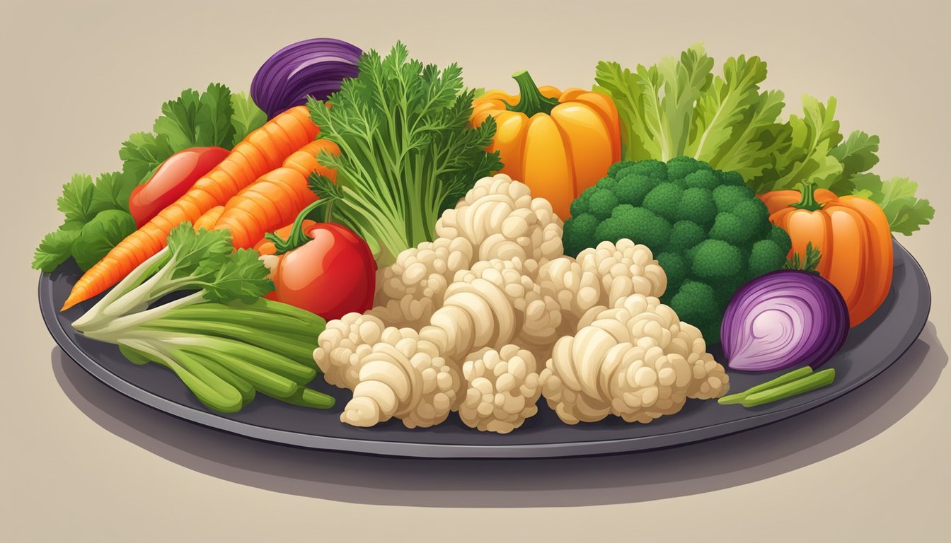 A plate of fresh crosnes surrounded by vibrant, colorful vegetables and herbs, with a soft natural light illuminating the scene