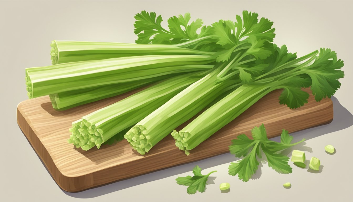 A bunch of unripe celery stalks with pale, thin stems and small, underdeveloped leaves, sitting on a wooden cutting board