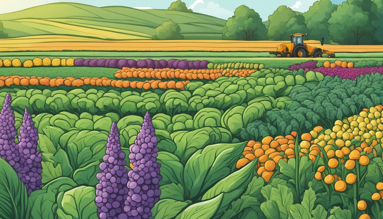 A lush field of crosnes grows alongside other vegetables. A farmer inspects the healthy, vibrant plants