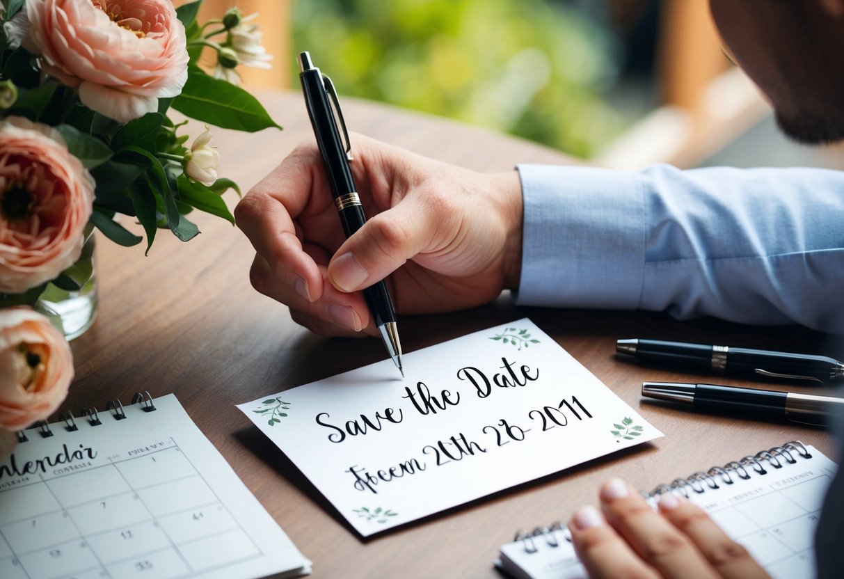 A hand holding a pen, writing on a save the date card on a table with flowers and a calendar