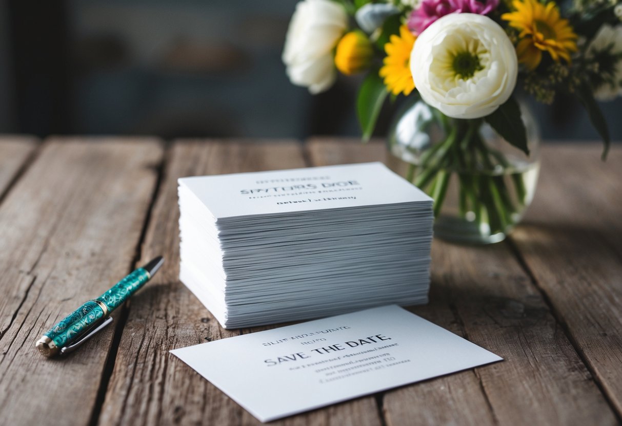 A stack of 100 save-the-date cards on a rustic wooden table with a decorative pen and a vase of flowers nearby
