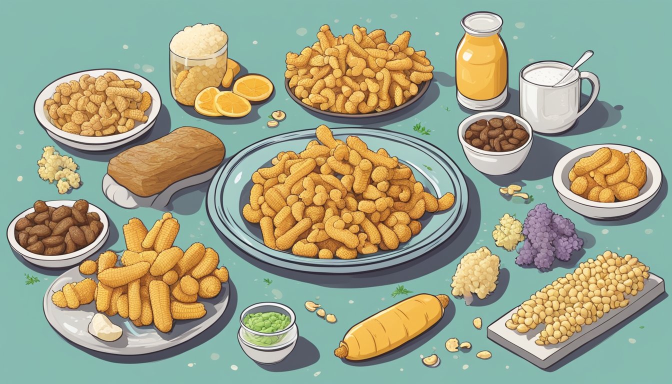 A person holding a plate of cooked crosnes with a questioning expression, surrounded by various food safety symbols and considerations