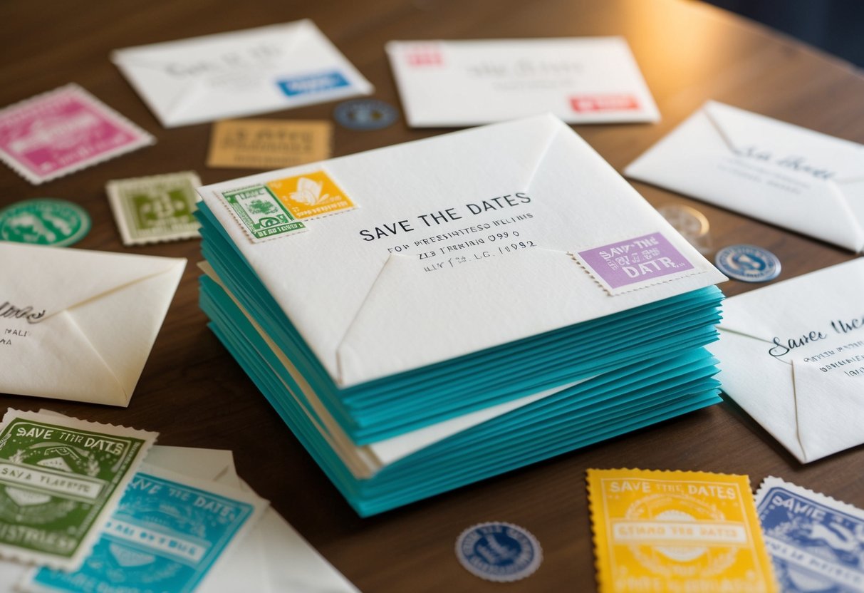 A stack of hand-addressed envelopes with Save the Dates inside, surrounded by colorful stamps and postmarks