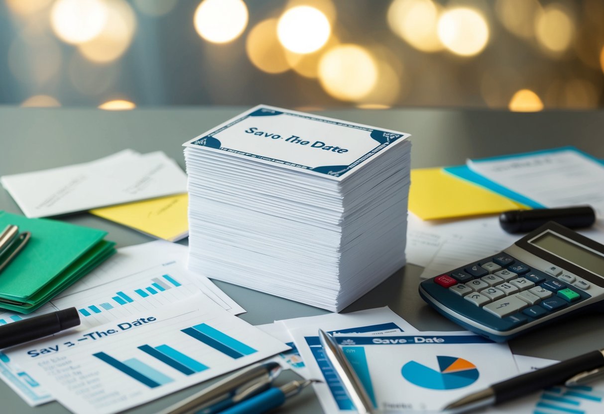 A stack of 100 save-the-date cards surrounded by various budgeting materials and tools