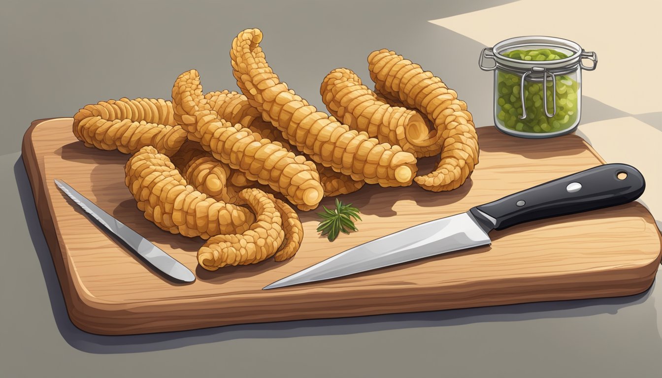 A close-up of crosnes arranged on a cutting board, with a knife nearby and various cooking utensils in the background