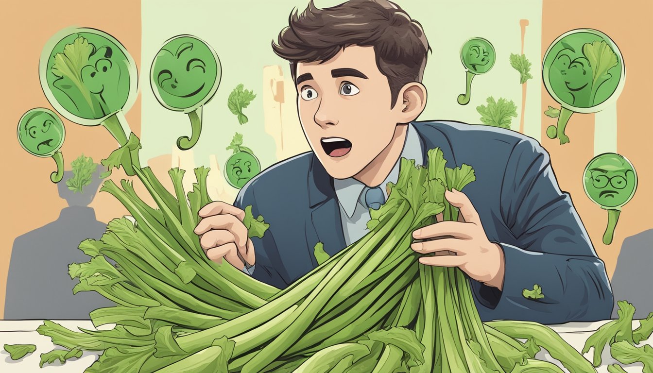 A person holding an unripe celery stalk with a puzzled expression, surrounded by question marks and caution signs