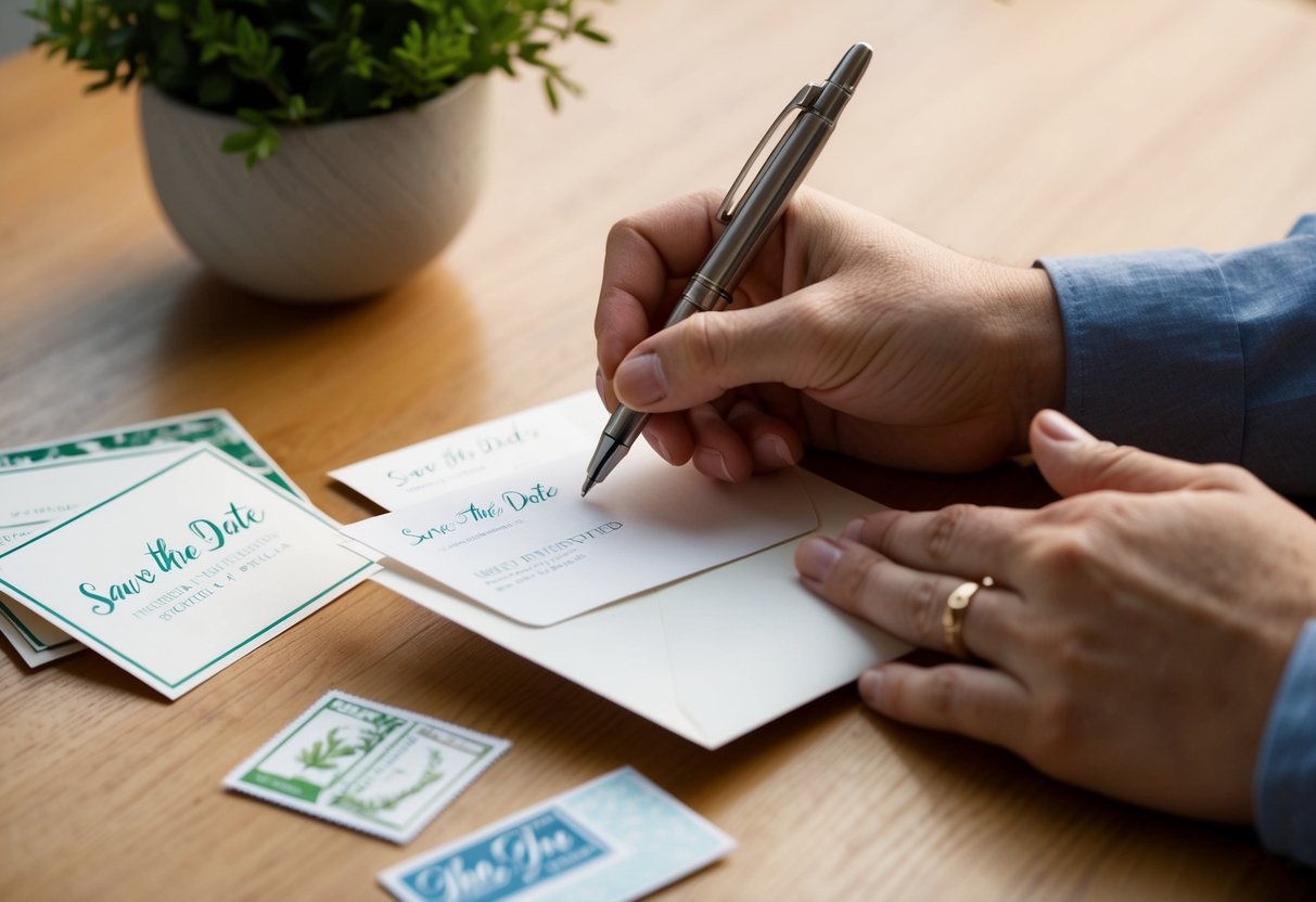 A hand holding a pen, addressing envelopes with save the date cards and stamps nearby