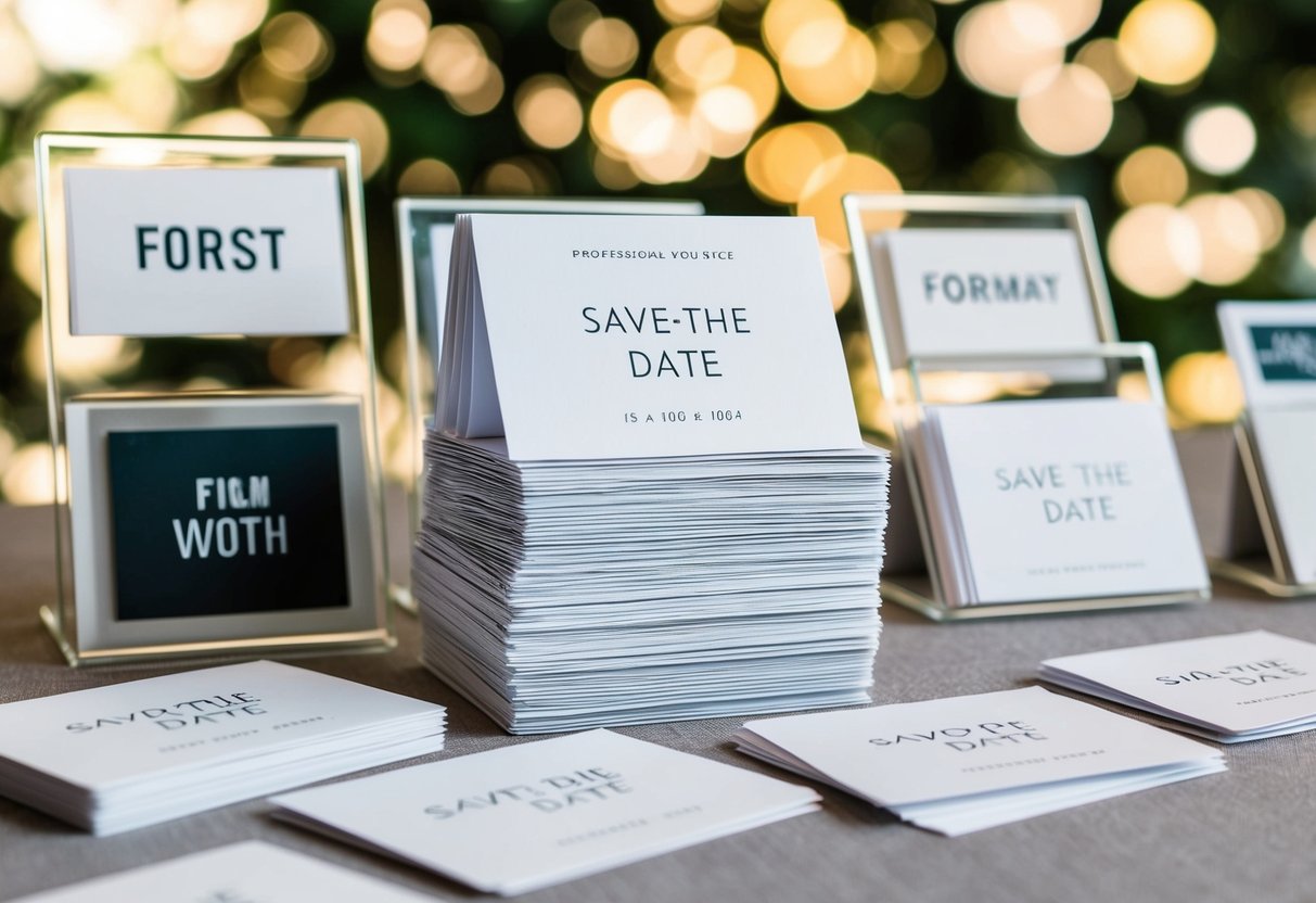A stack of 100 save-the-date cards arranged neatly on a table with various format options displayed nearby for choosing