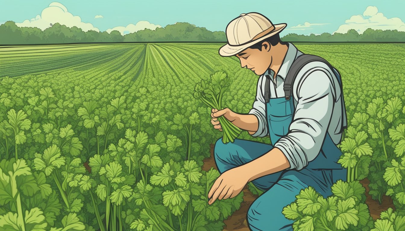 A field of celery plants, some ripe and some unripe. A person examining a stalk with caution