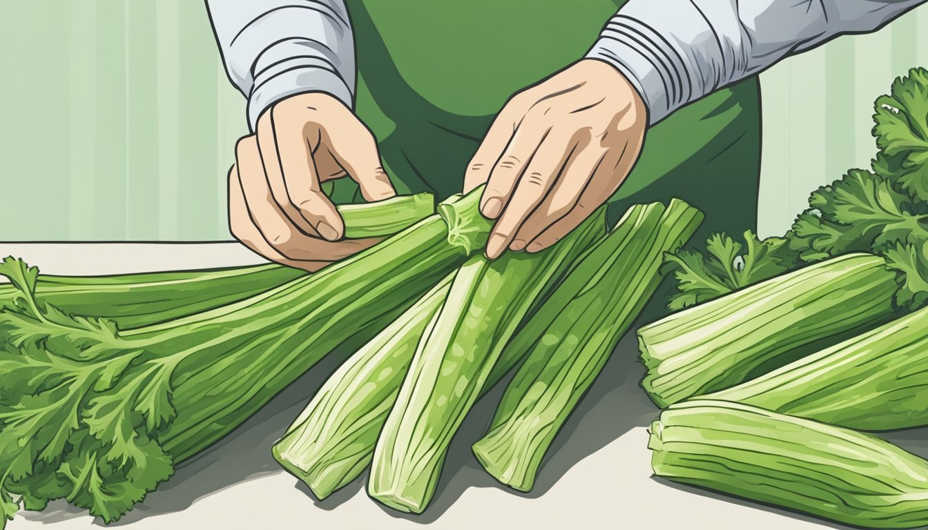 A person cutting into an unripe celery stalk, inspecting it for edibility