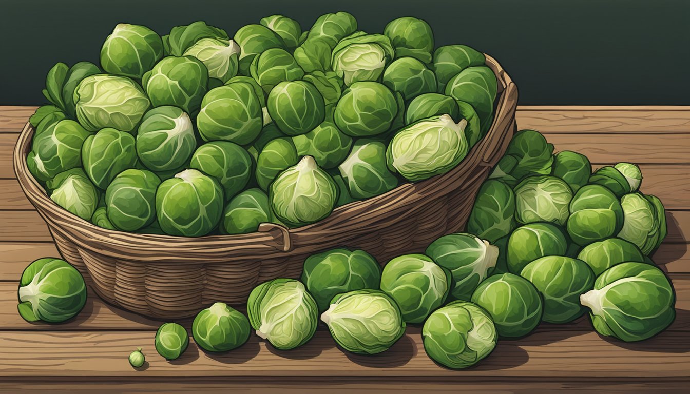 A basket of brussels sprouts, some ripe and green, others small and unripe, sitting on a wooden table