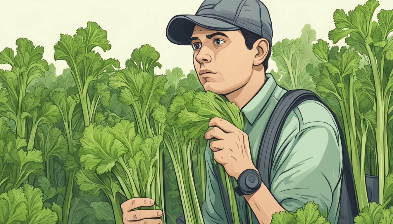 A person holding a bunch of unripe celery, examining it with a concerned expression