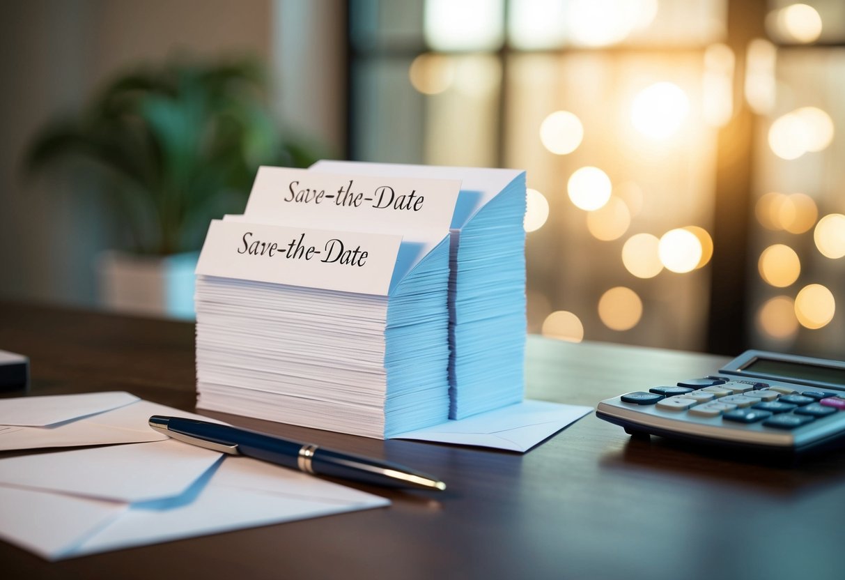 A stack of 100 save-the-date cards with envelopes, a pen, and a calculator on a desk