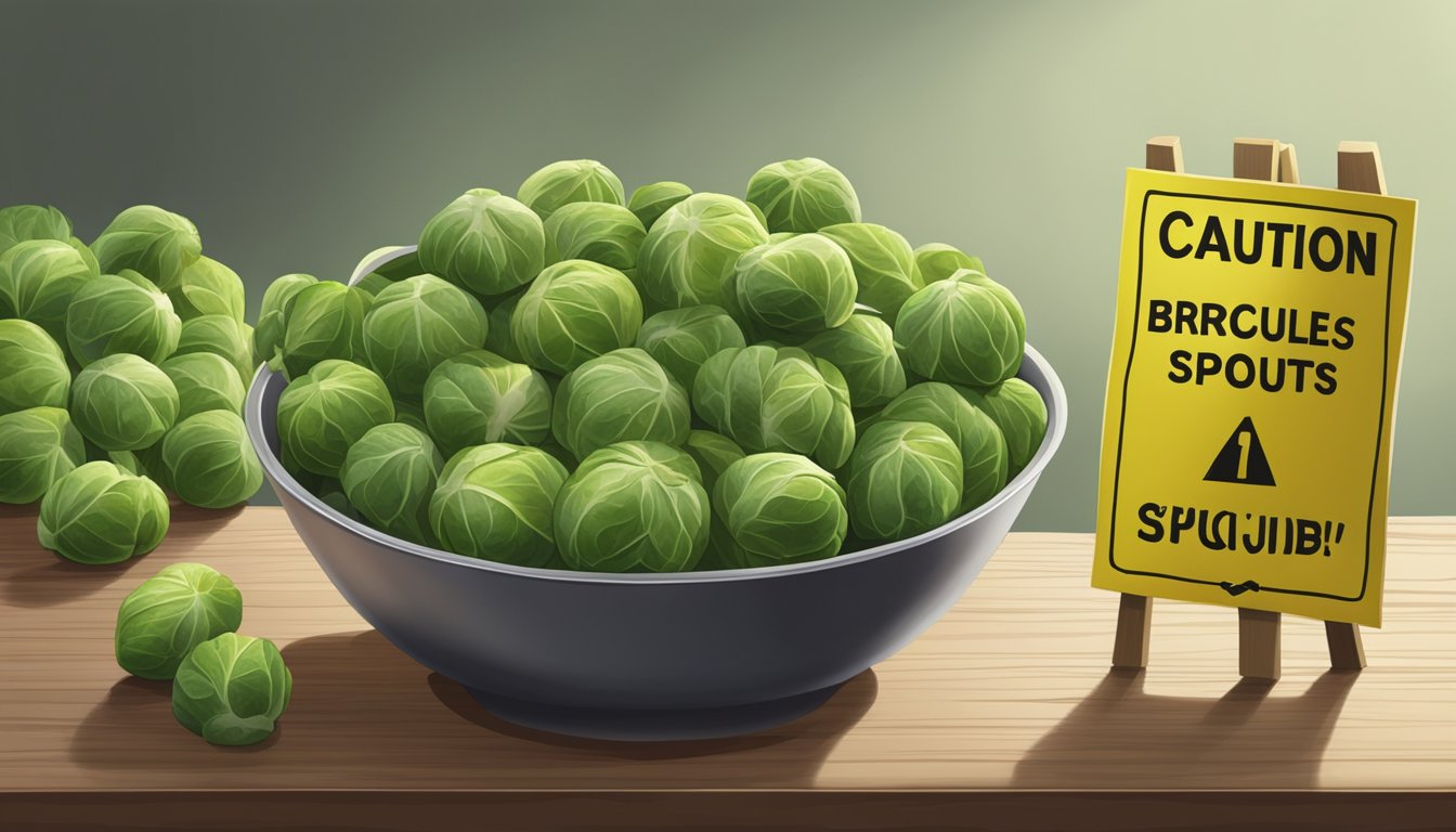 A bowl of unripe brussels sprouts with a caution sign beside it