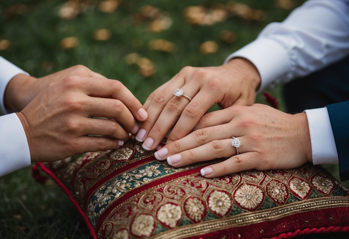 A couple's hands exchanging wedding rings on a decorative pillow