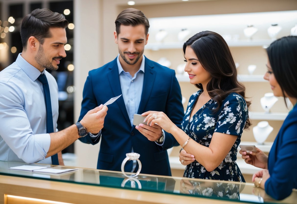 A man and a woman standing at a jewelry store counter, discussing wedding ring options with a salesperson. The man holds a credit card while the woman examines a diamond ring