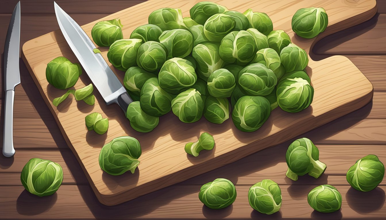 A pile of unripe Brussels sprouts on a wooden cutting board, with a knife beside it