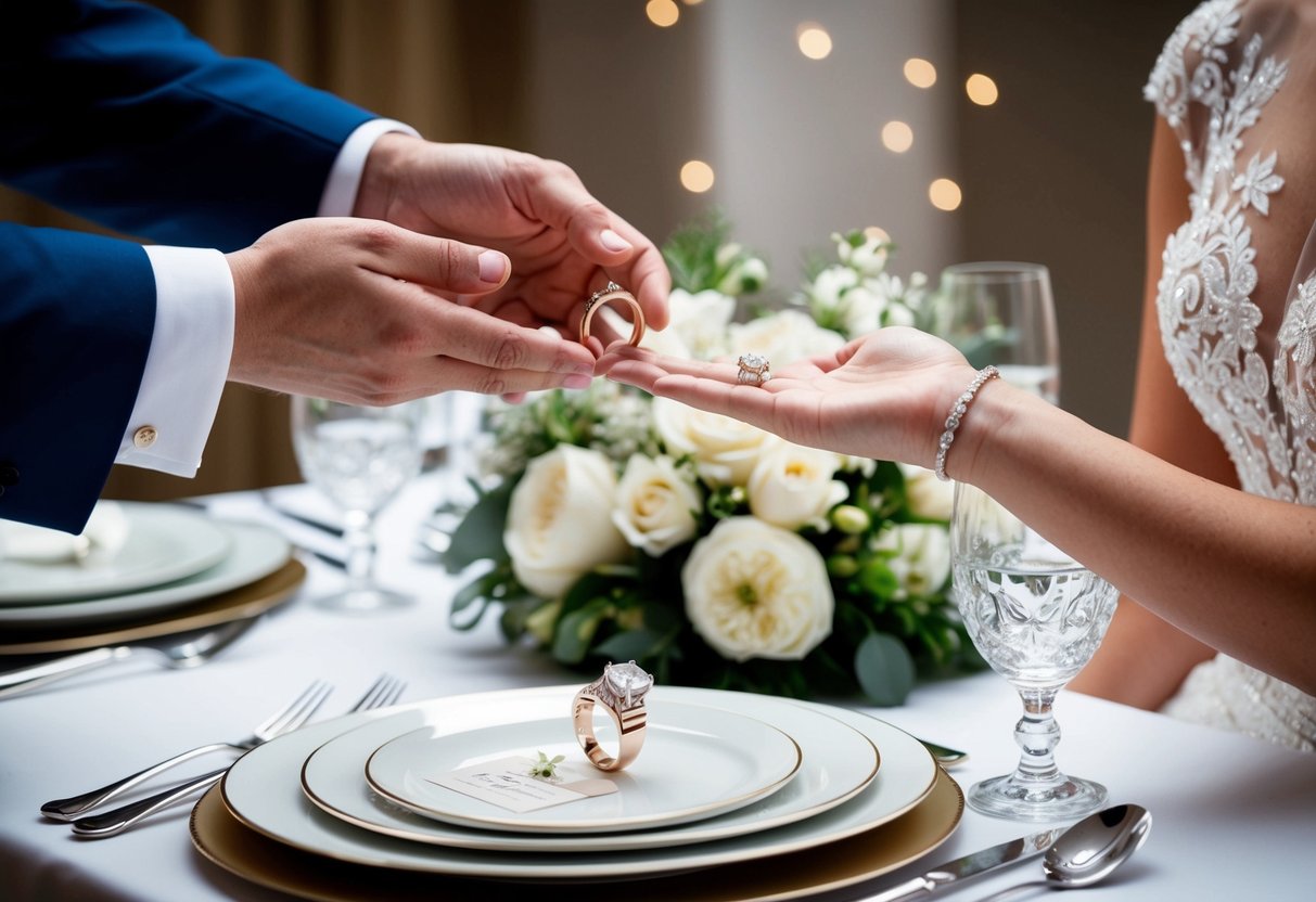 A groom's hand presents a wedding ring to a bride's hand. A table is set with elegant place settings and a floral centerpiece