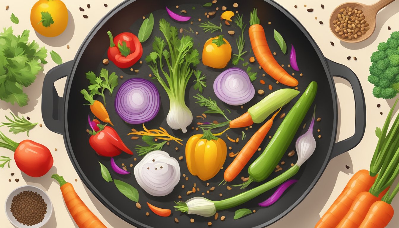 A wooden spoon sprinkles cumin seeds into a sizzling pan of colorful vegetables