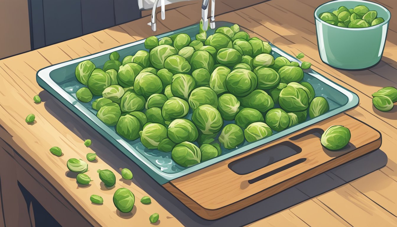 A clean cutting board with fresh brussels sprouts being trimmed and washed under running water