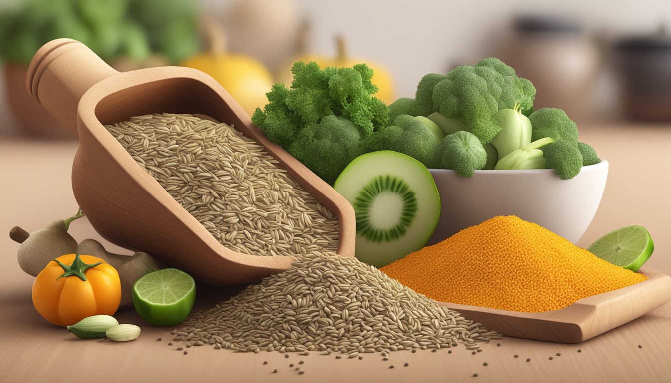 A small pile of cumin seeds surrounded by various fruits and vegetables, with a nutrition label in the background