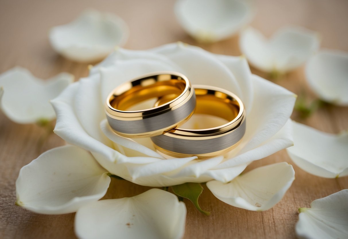 A pair of entwined golden rings resting on a bed of delicate white rose petals