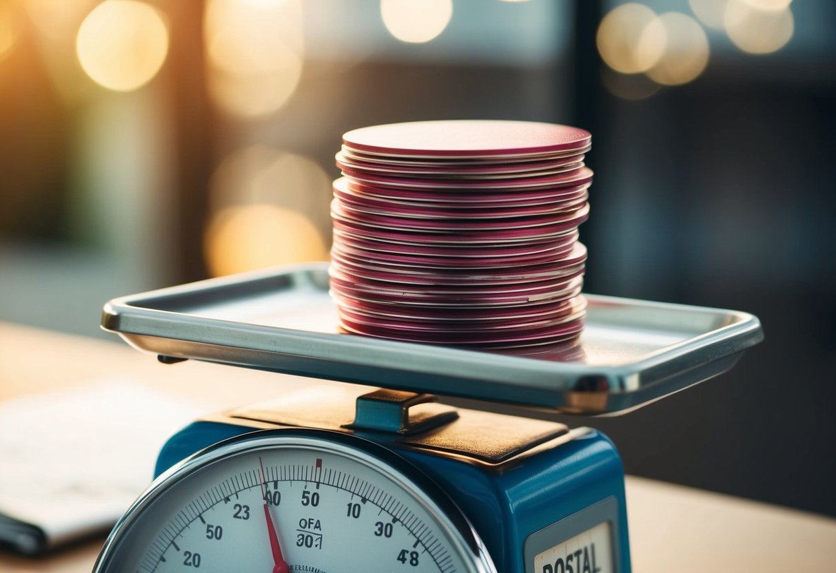 A stack of save the date magnets being weighed on a postal scale