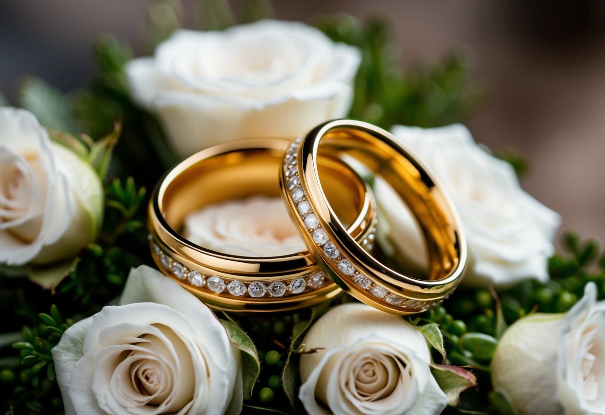 A pair of intertwined golden wedding rings resting on a bed of delicate white roses and greenery