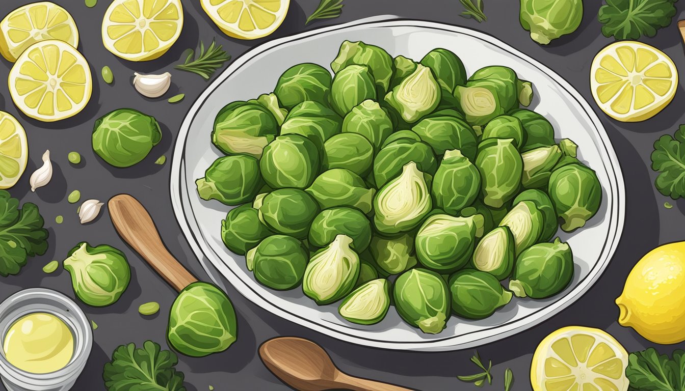 A colorful plate of cooked Brussels sprouts surrounded by fresh ingredients like garlic, lemon, and olive oil