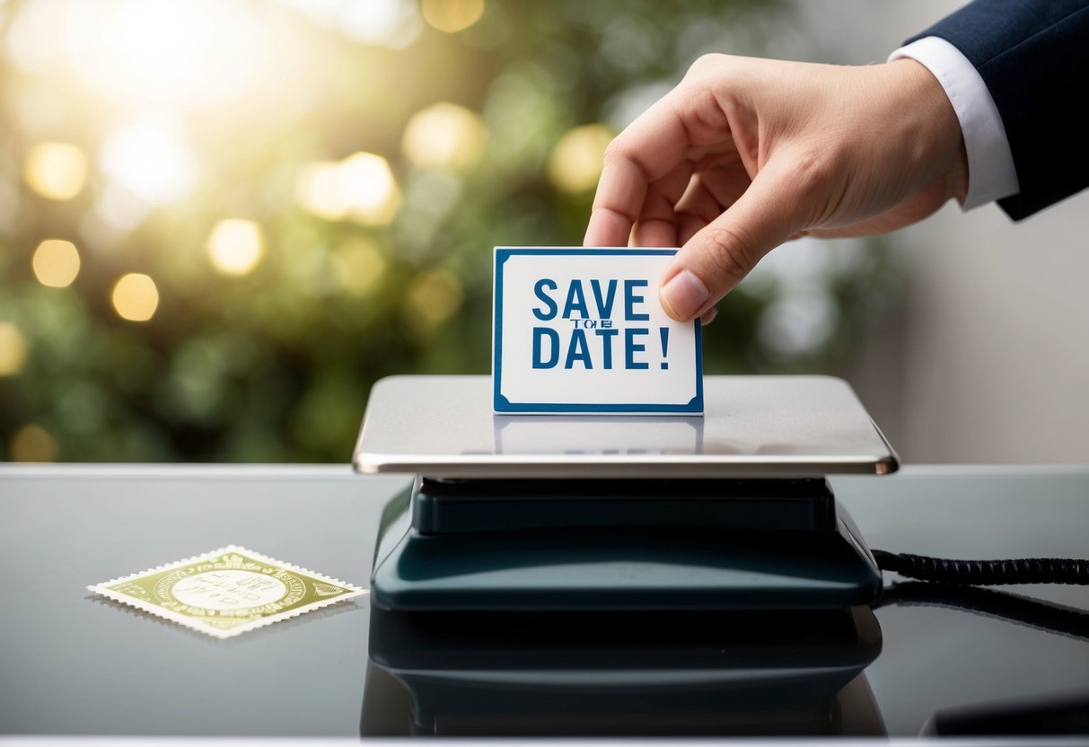A hand placing a Save the Date magnet onto a scale with a postage stamp next to it