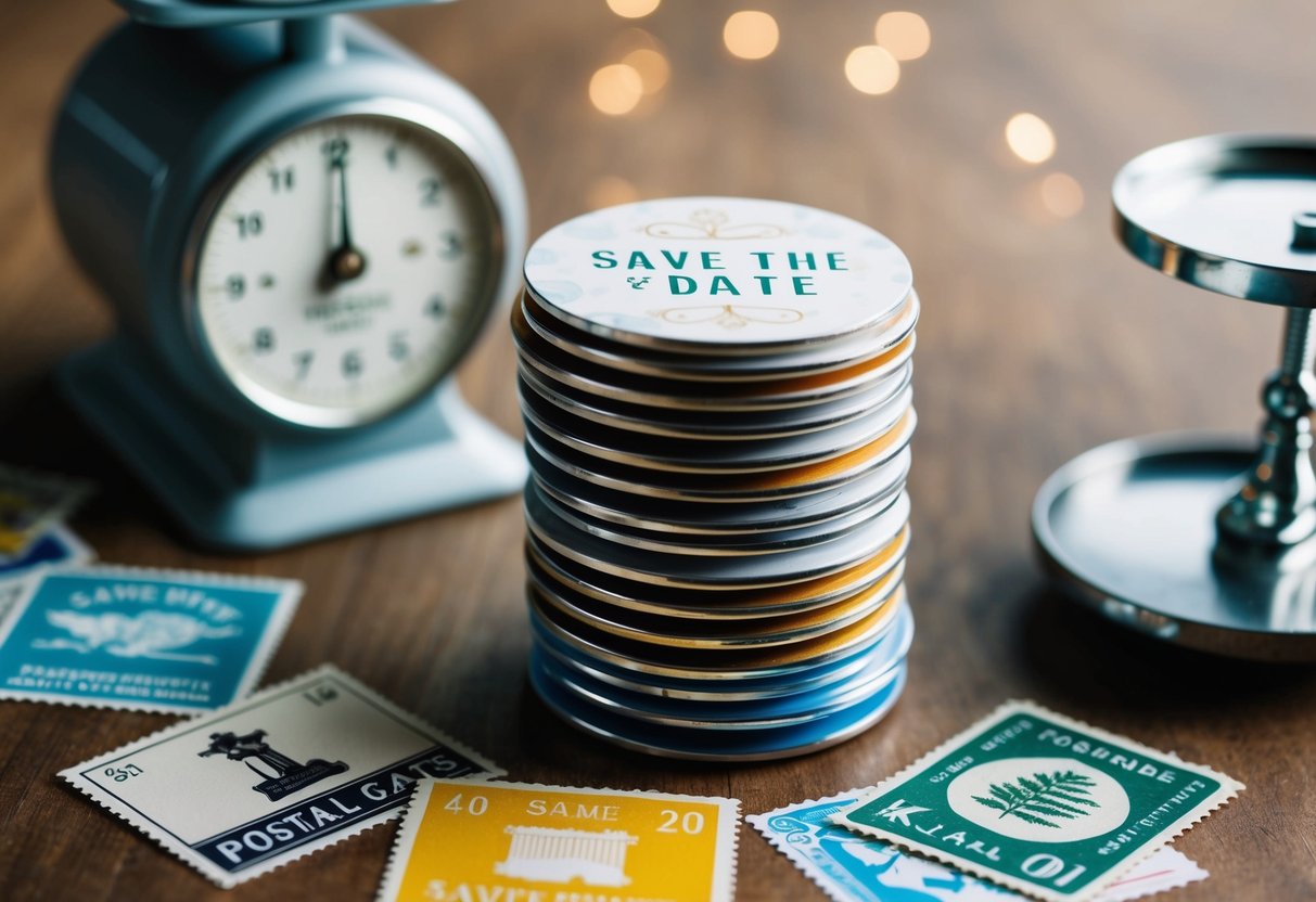 A stack of save the date magnets with various designs, surrounded by postage stamps and a postal scale