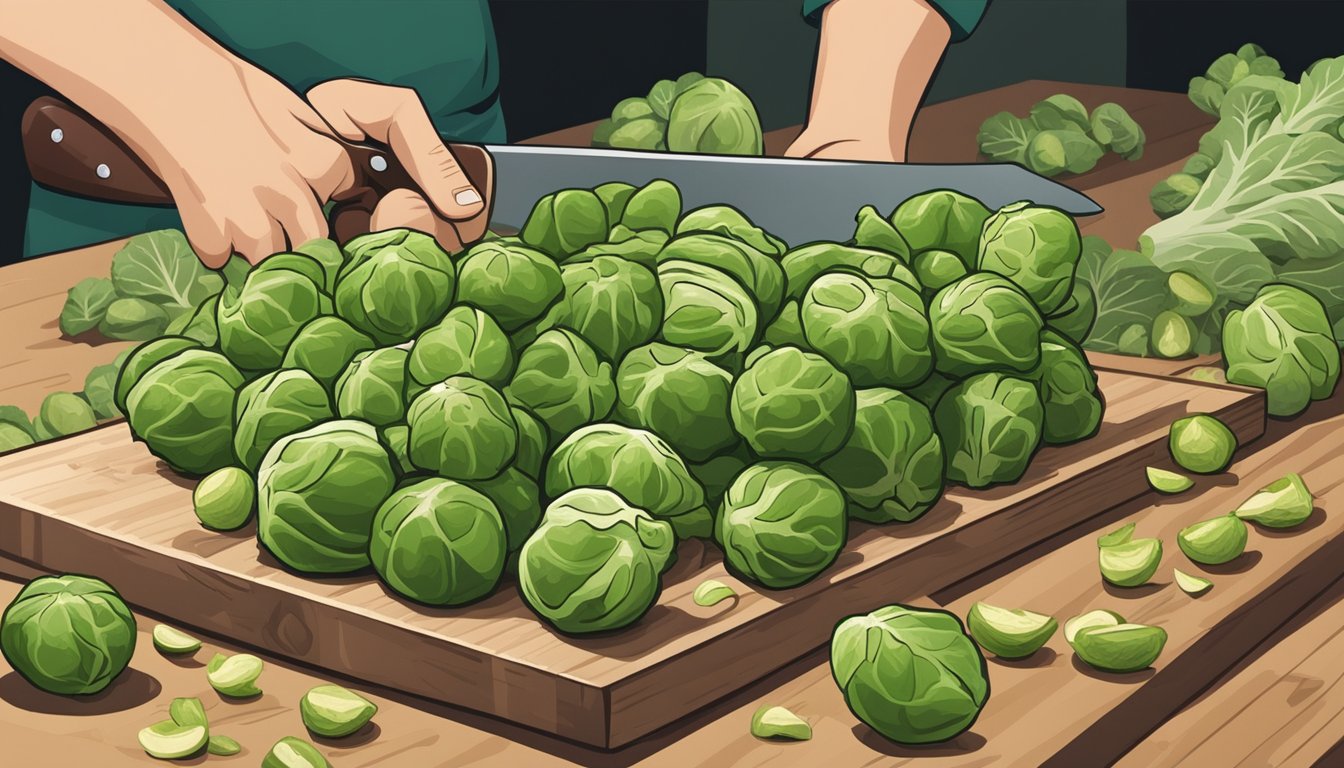 A pile of unripe brussels sprouts on a cutting board, with a knife nearby and a concerned expression on a person's face