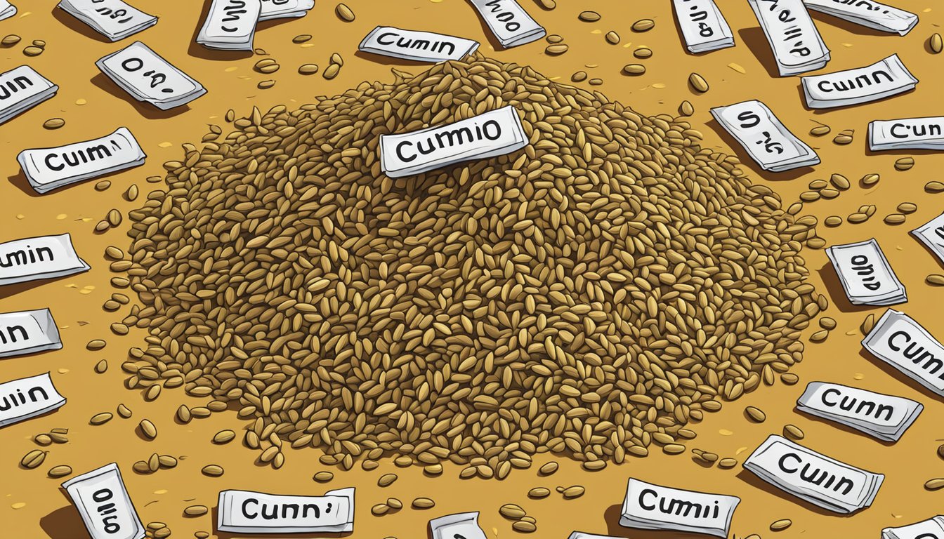 A pile of cumin seeds surrounded by question marks and caution signs