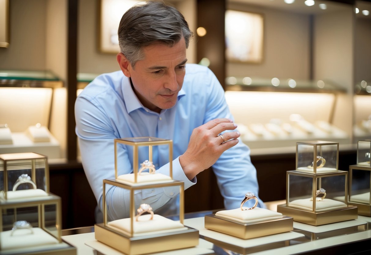 A man carefully examines a selection of wedding rings displayed in a jewelry store, surrounded by sparkling cases and elegant lighting