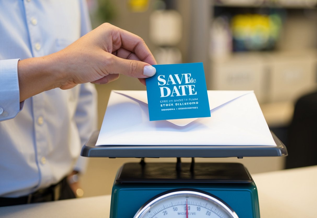A hand placing a Save the Date magnet onto an envelope, then weighing it on a scale at the post office