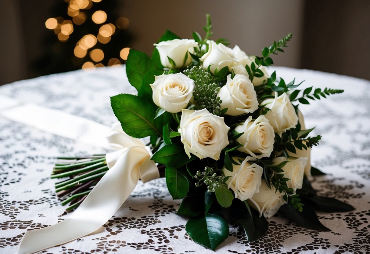 A bouquet of white roses and greenery tied with a satin ribbon, resting on a lace tablecloth