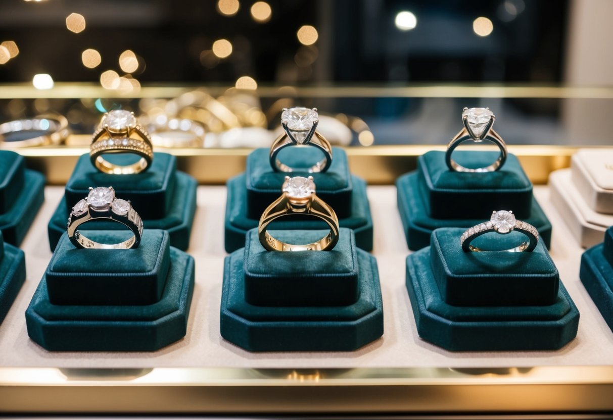 A jewelry store display with various wedding rings of different materials and styles, including gold, platinum, and diamonds