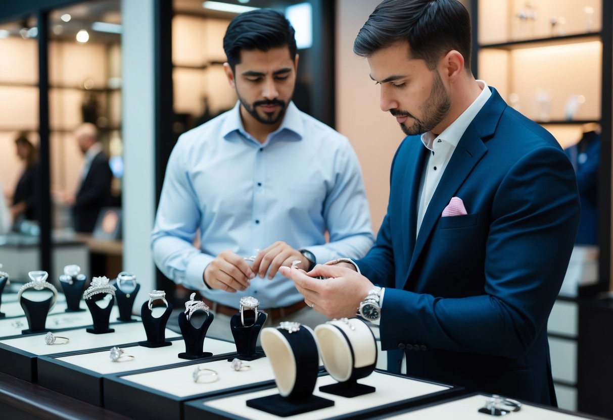 A man carefully examines various wedding ring designs on display at a jewelry store, as a sales associate discusses customization options