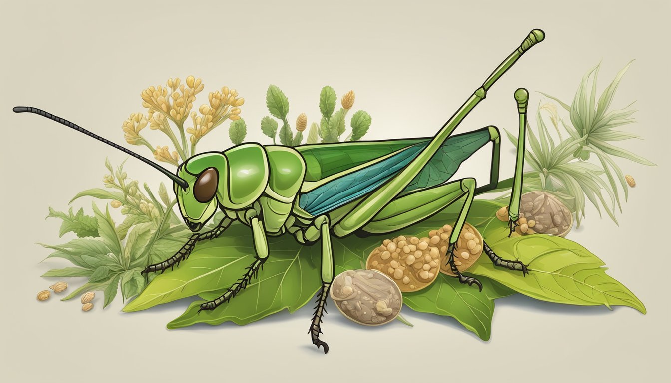 A cricket perched on a leaf, surrounded by various edible plants and grains