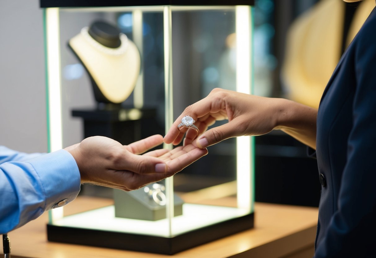 A man's hand holds out a ring to a woman's hand, with a jeweler's display case in the background